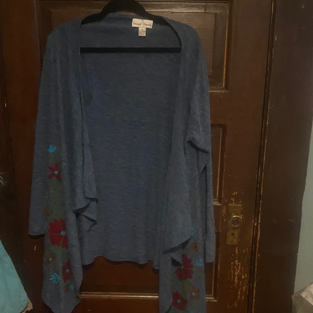 Sacred Threads Blue Cardigan with Floral Accents